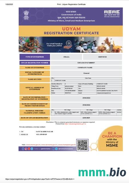 India udyam registration vcertyfikat Word i szablon PDF, version 5